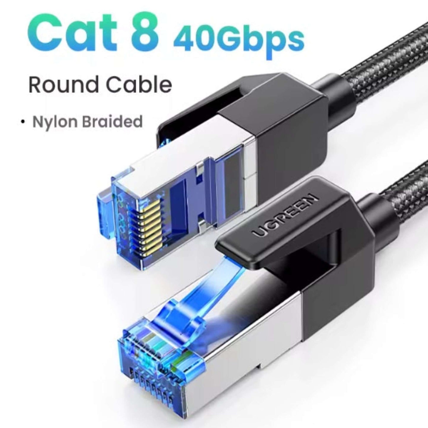 Close-up of UGREEN Cat 8 Ethernet cable connectors, highlighting 40Gbps speed and nylon braided design.
