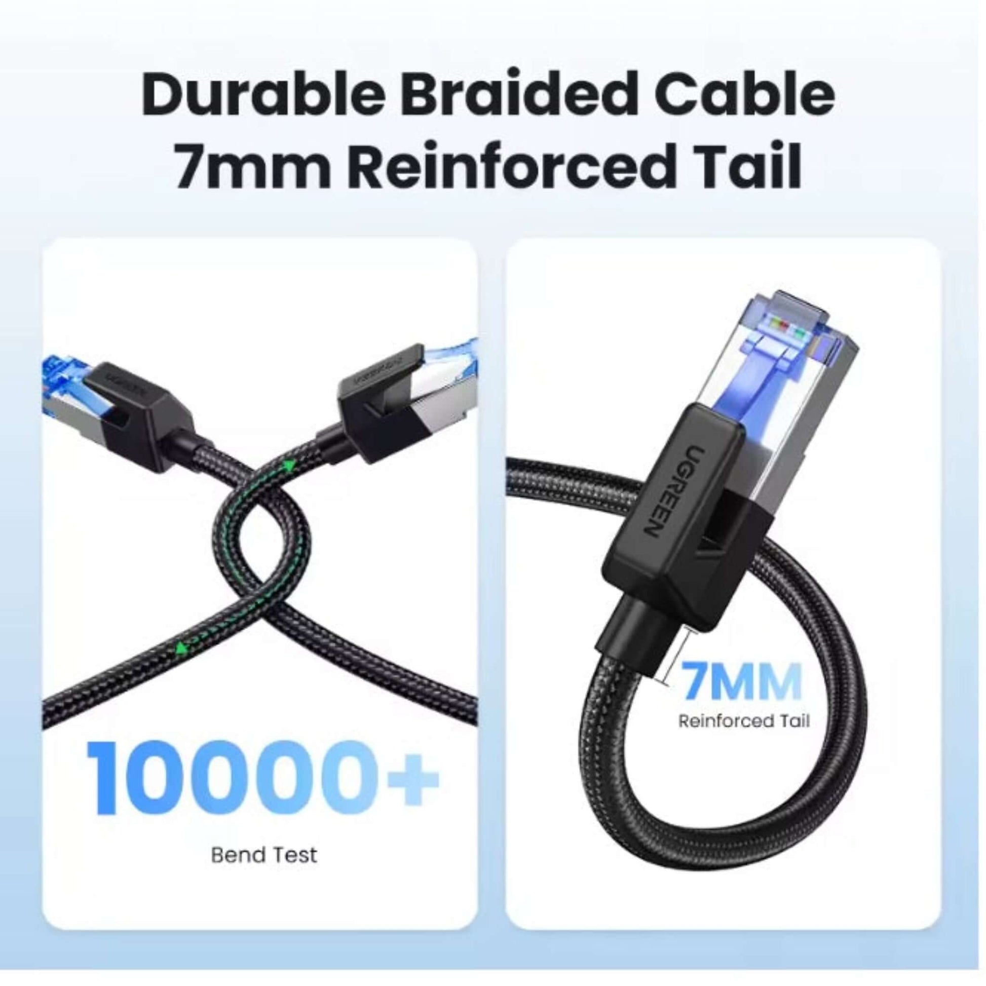 UGREEN Cat 8 Ethernet cable showing 7mm reinforced tail and 10000+ bend test for durability.


