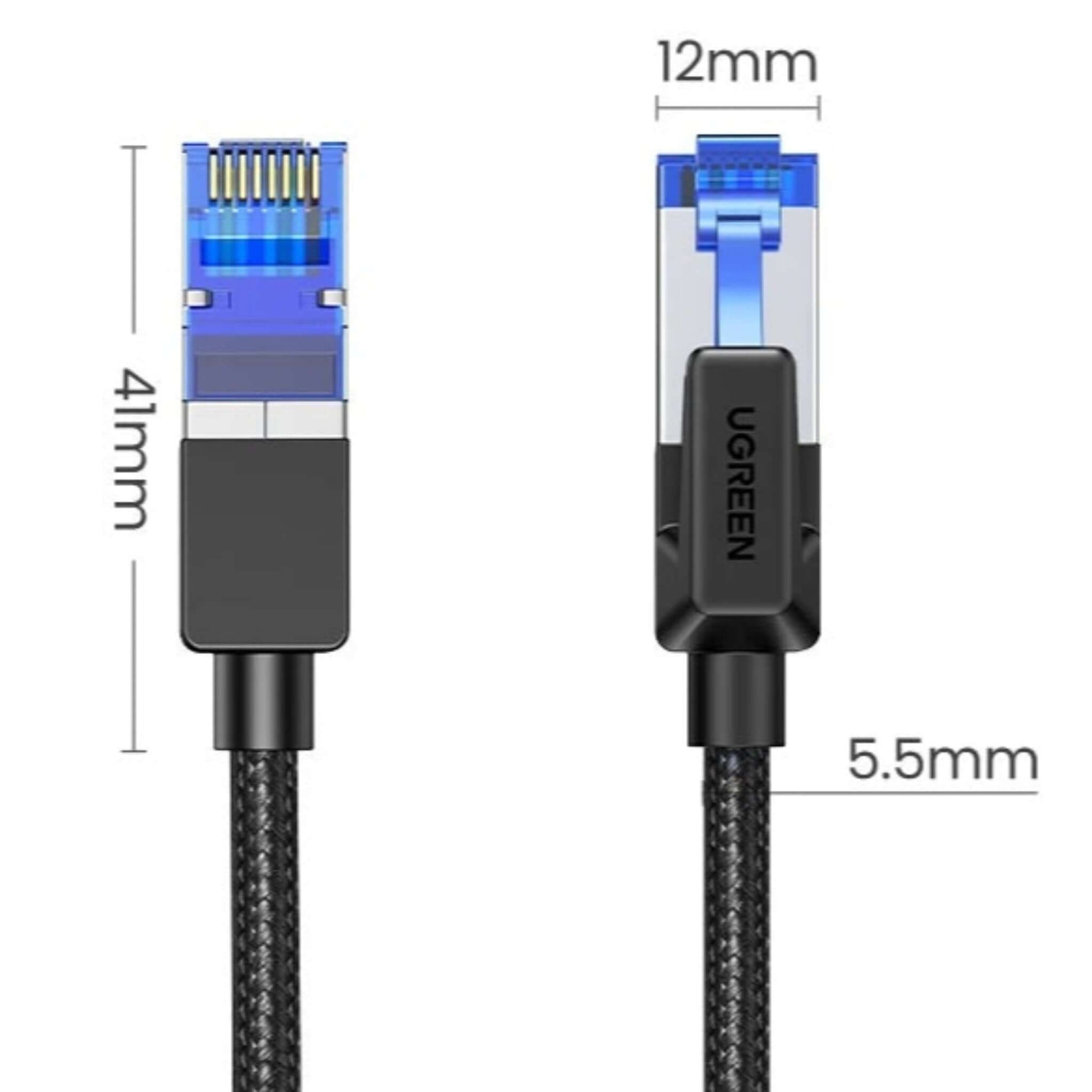 Dimensions of the UGREEN Cat 8 Ethernet cable's RJ45 connector, showing 41mm length and 12mm width.