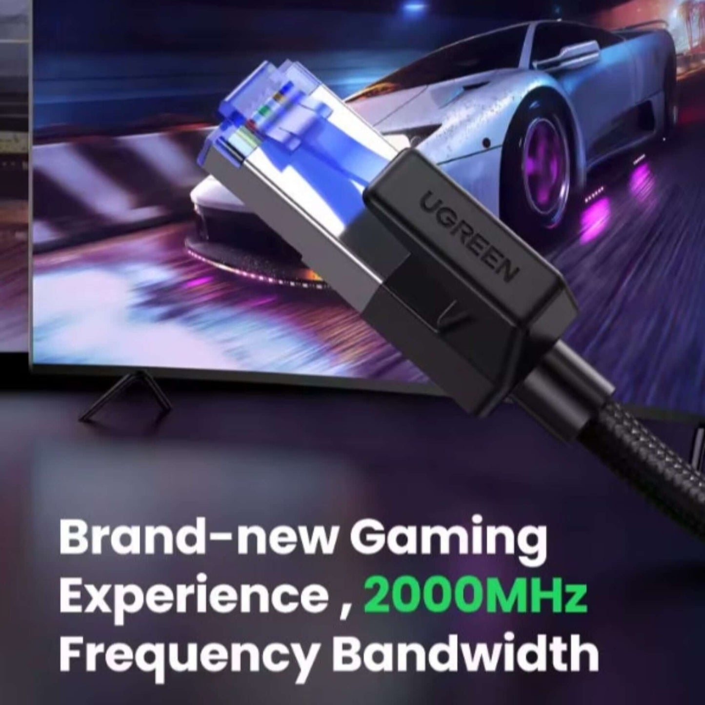 UGREEN Cat 8 Ethernet cable connected to a TV, emphasizing 2000MHz frequency for gaming.