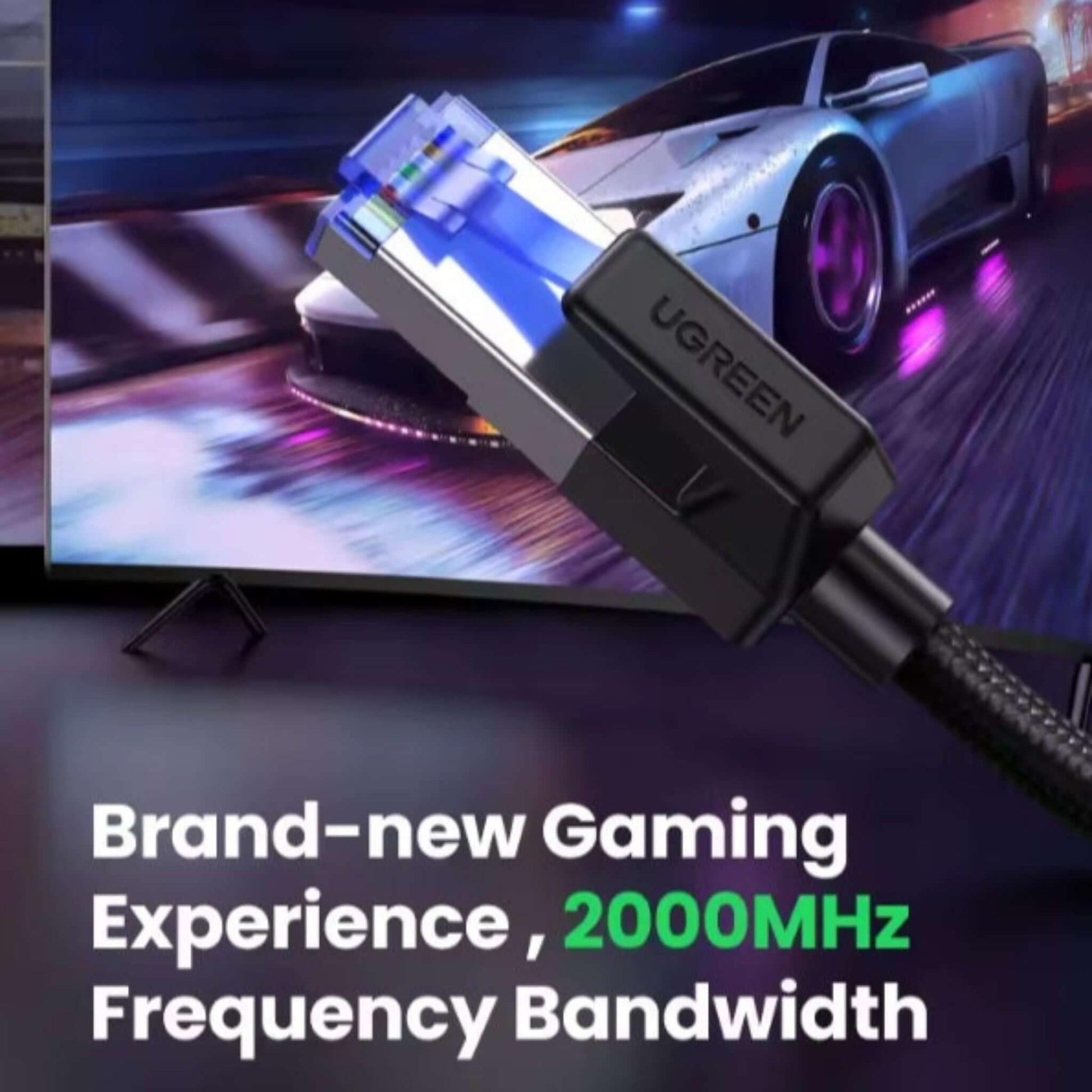 UGREEN Cat 8 Ethernet cable connected to a TV, emphasizing 2000MHz frequency for gaming.