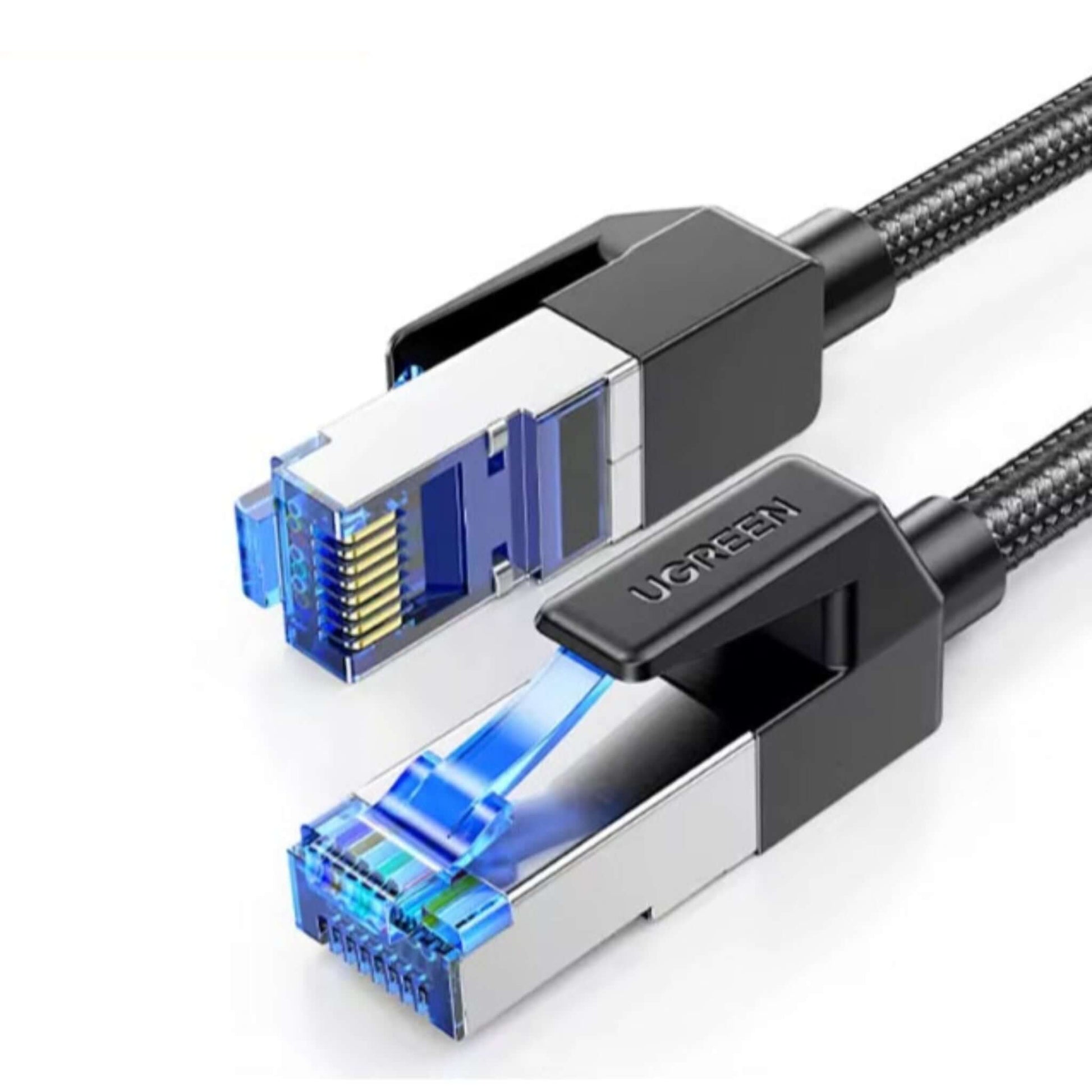 Two UGREEN Cat 8 Ethernet cable RJ45 connectors with blue accents and metal shielding.