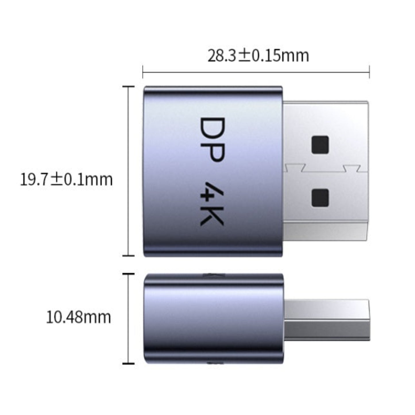 DP adapter with dimensions labeled on a white background