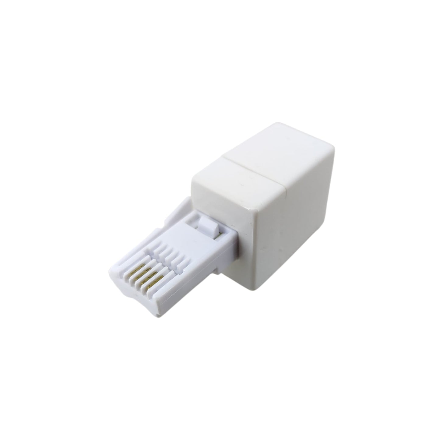 Close-up of gold-plated pins on a BT male phone plug to RJ11 female socket adapter for clear signal.
