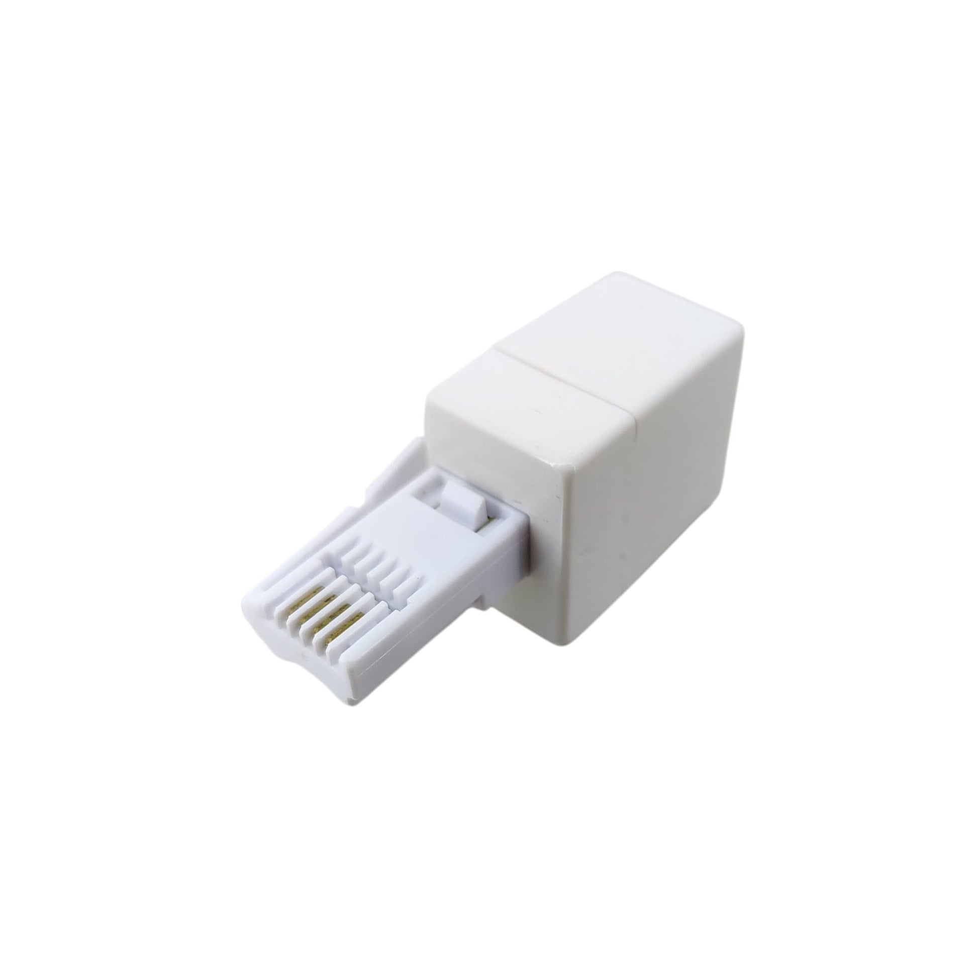 Close-up of gold-plated pins on a BT male phone plug to RJ11 female socket adapter for clear signal.