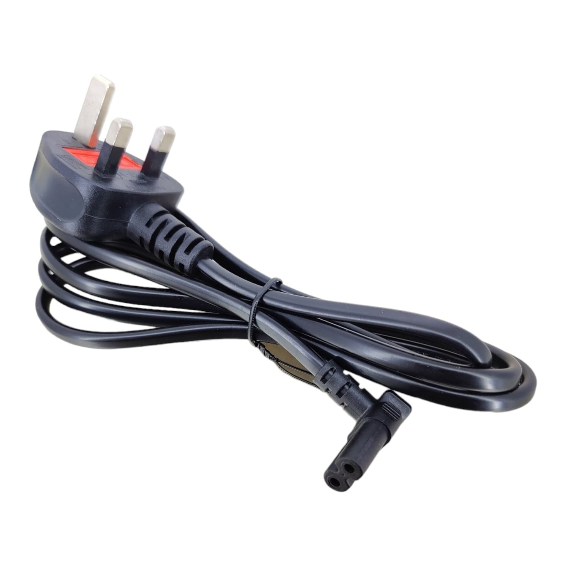 UK 3-pin to IEC C7 Figure 8 right angle power cable, 1.5M length, perfect for various electronic devices.