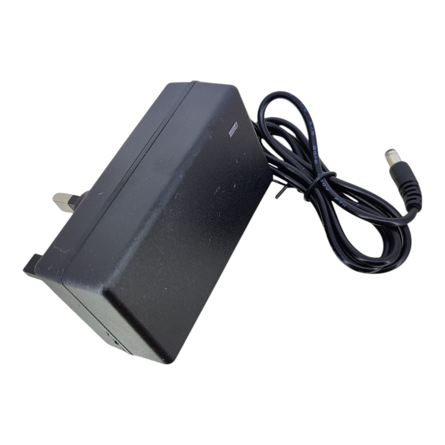 Angled view of the UK Type G 3-pin plug on the 21V lithium charger.