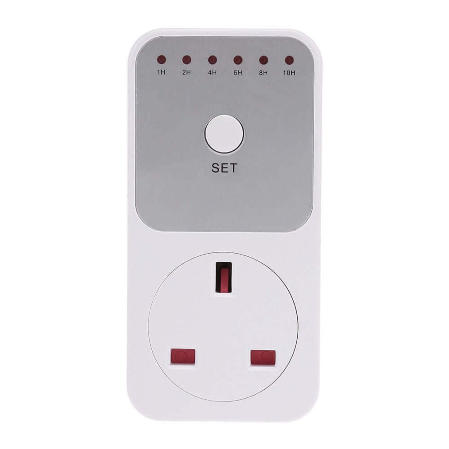 UK 3-pin plug countdown timer socket with 1H to 10H timing options and SET button for auto shut off.
