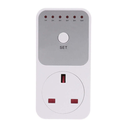 UK 3-pin plug countdown timer socket with 1H to 10H timing options and SET button for auto shut off.