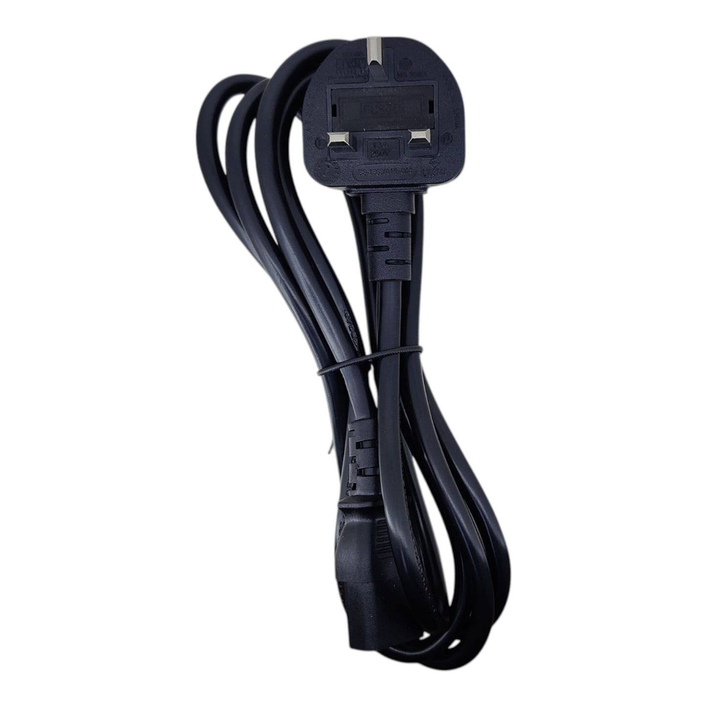 Close-up of UK 3-pin fused plug on black power cord.