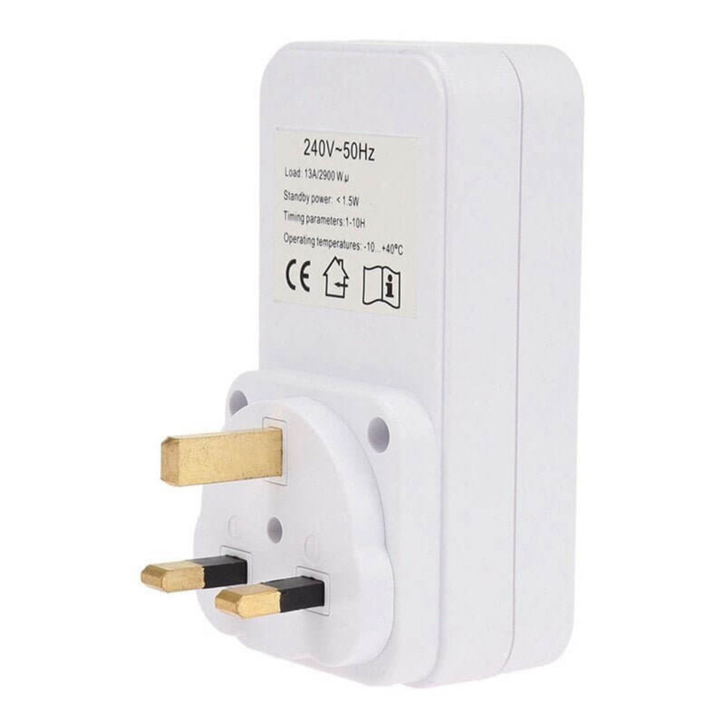 Side view of UK 3-pin plug timer showing 240V/50Hz, 13A/2900W load, and 1-10H timing parameters.
