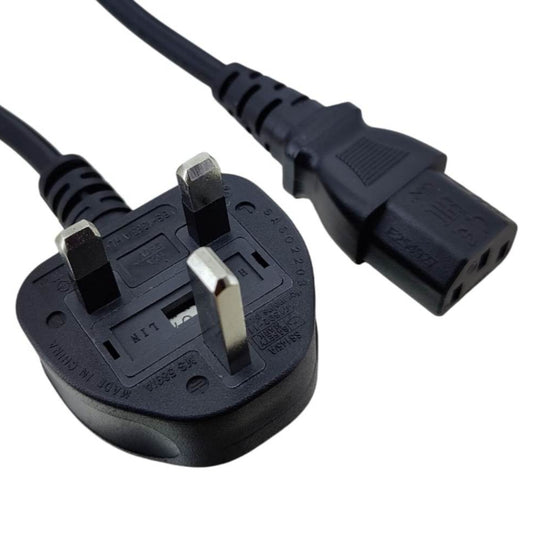 UK power cord with Standard UK plug to IEC C13 connector close-up for PC, monitor, printer power.