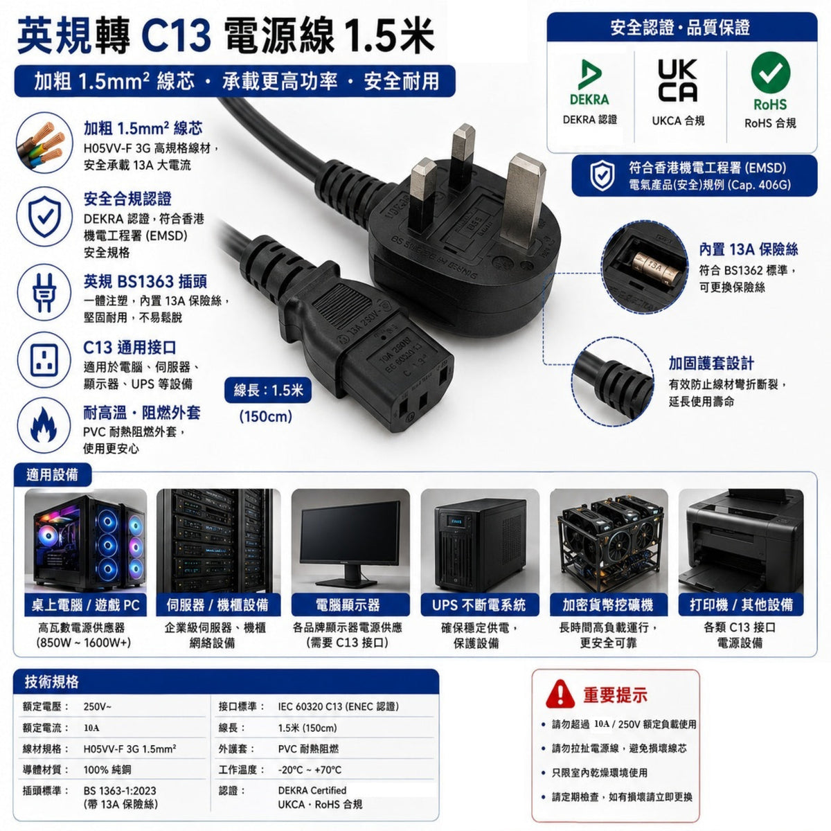 A UK C13 1.5m power cord adapter with detailed specifications, features, and compatibility charts in Chinese.
