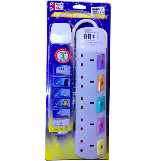 5 socket extension lead with 2 USB ports and 1 Type-C plug, individually switched, 3 meter length, white color.