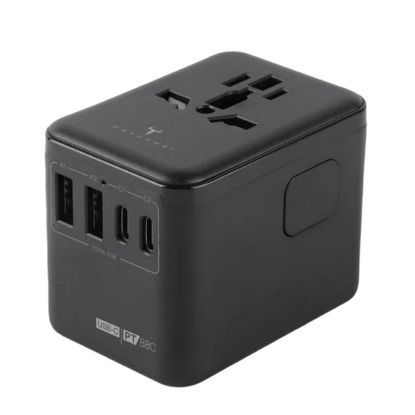 Charging four mobile devices simultaneously using Maxpower PT88C travel adapter.