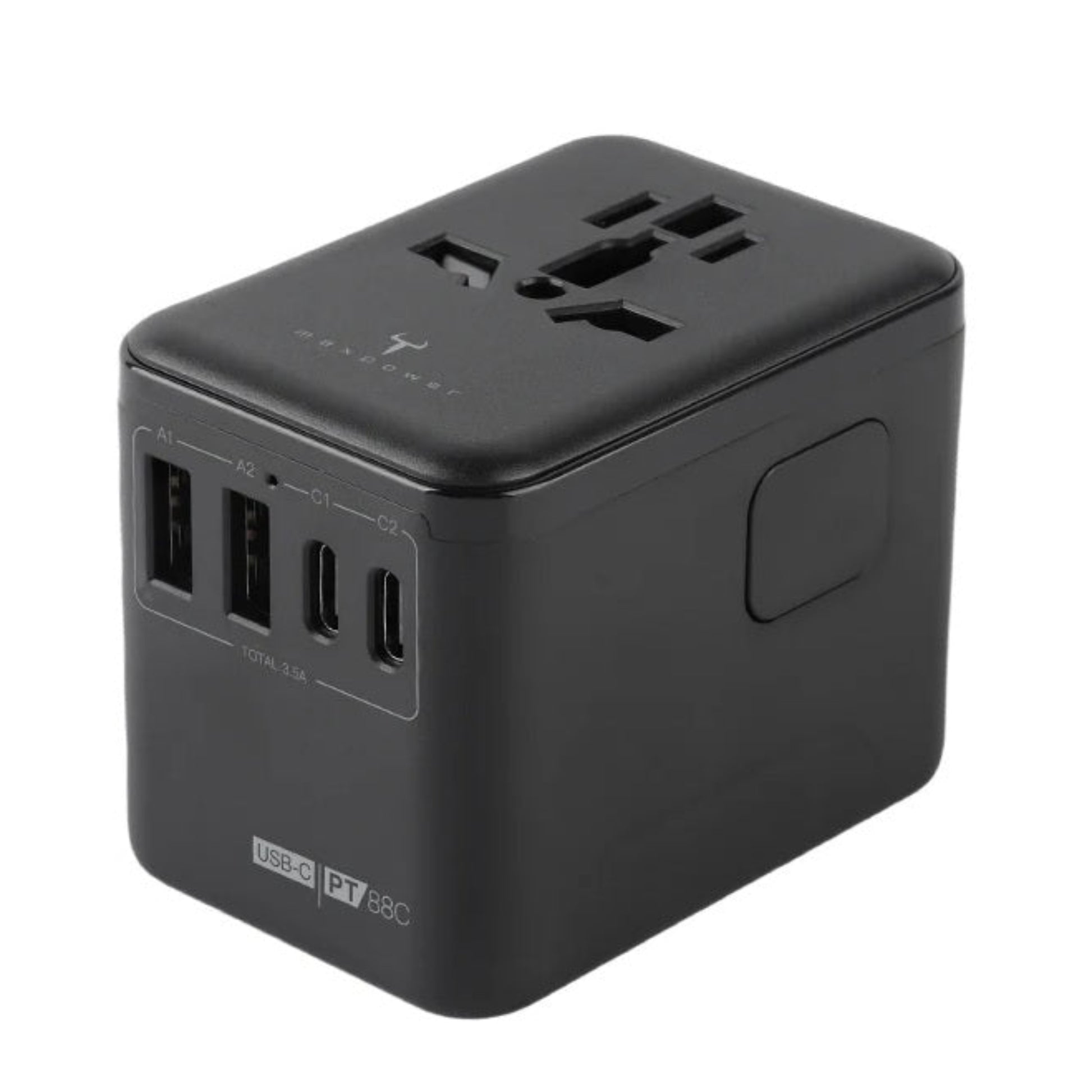 Charging four mobile devices simultaneously using Maxpower PT88C travel adapter.