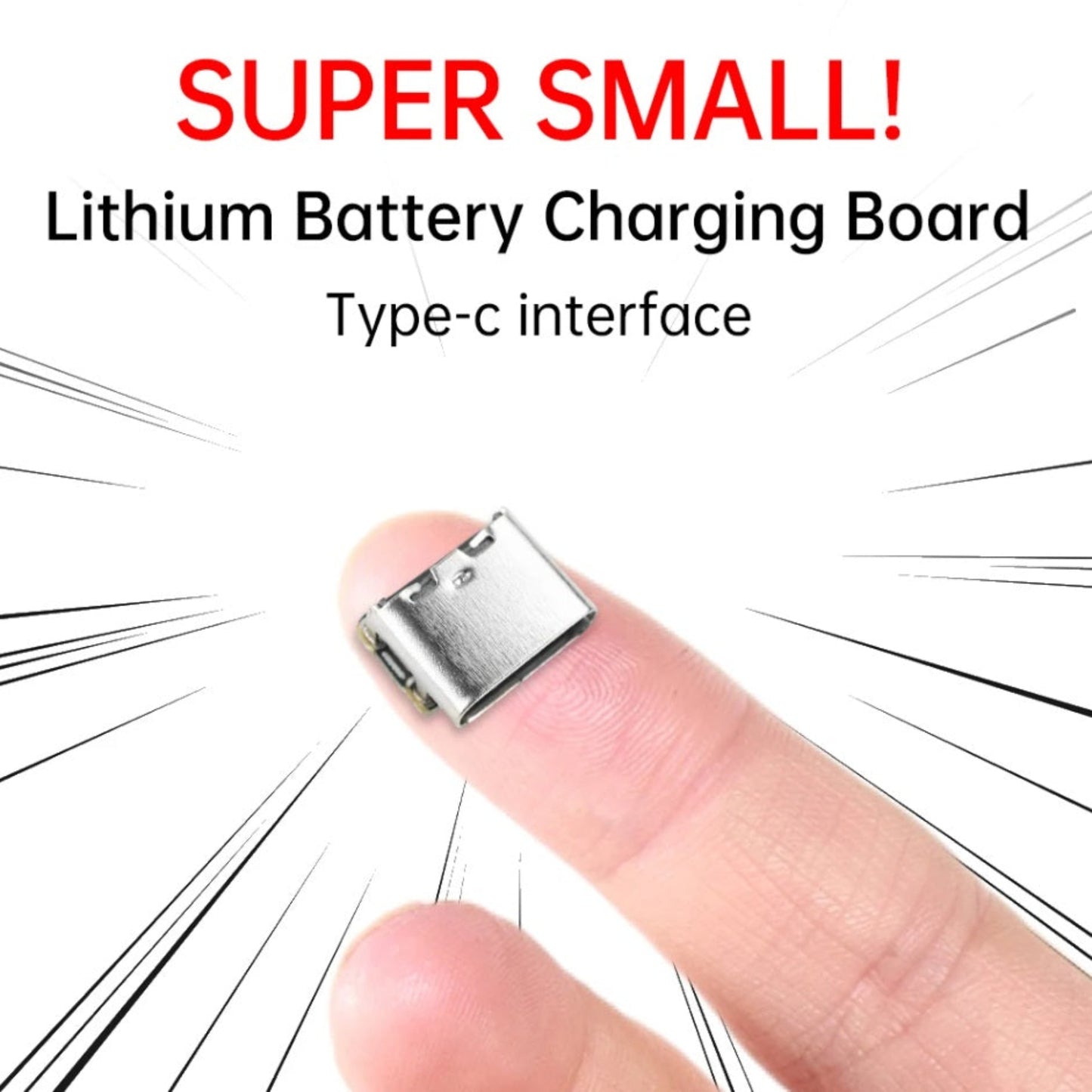 將 3.7V Type-C 充電板放置於人類指尖上的對比圖，突顯其適合嵌入穿戴式裝置的極致微型設計。