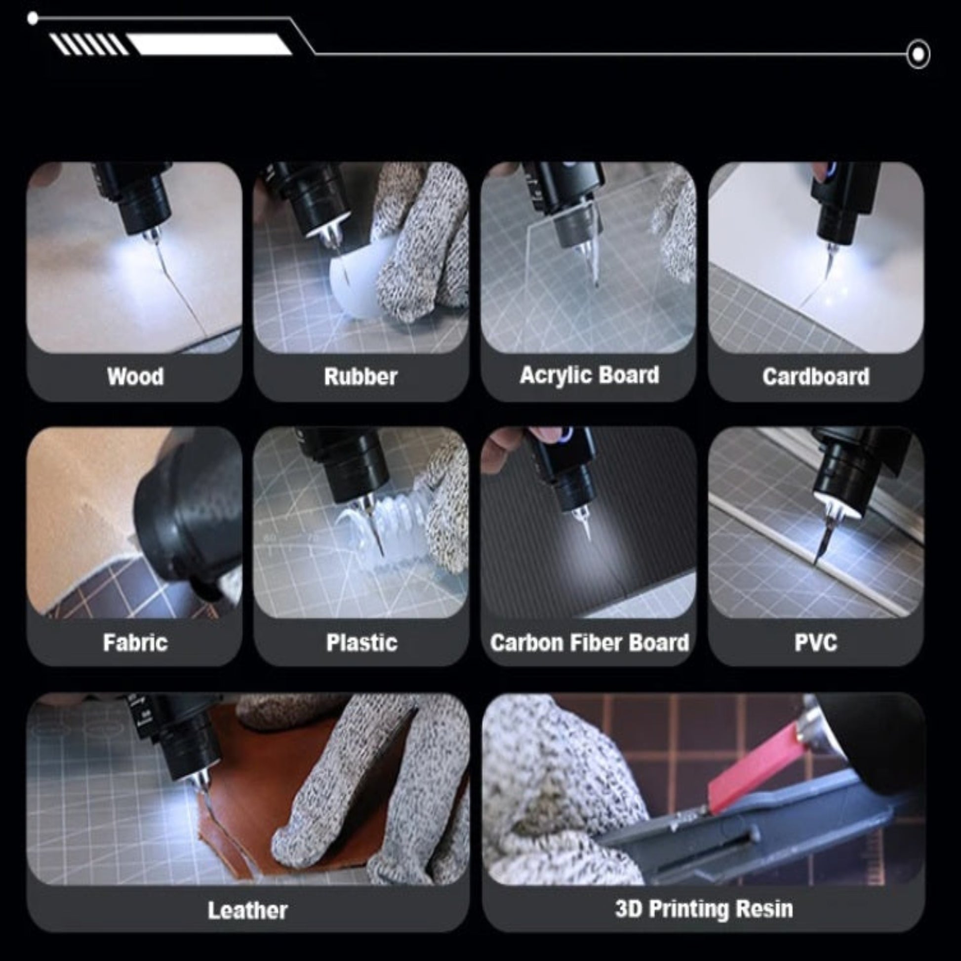 A grid showing the ultrasonic cutter tool used on different materials including wood, plastic, leather, and fabric.