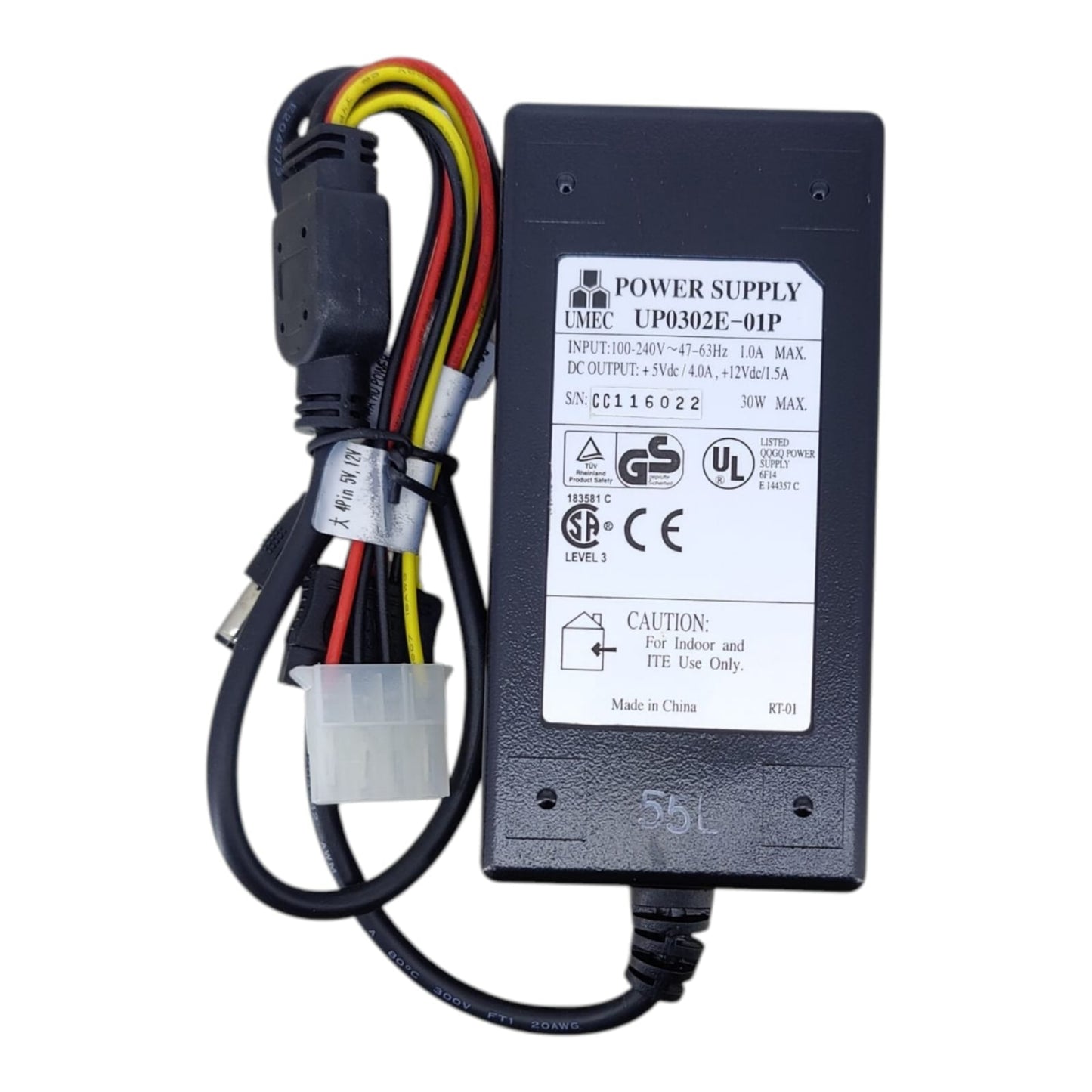 Specification label of the UMEC UP0302E-01P external power supply, showing 5V/4A and 12V/1.5A dual output.