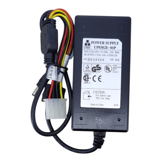 Specification label of the UMEC UP0302E-01P external power supply, showing 5V/4A and 12V/1.5A dual output.