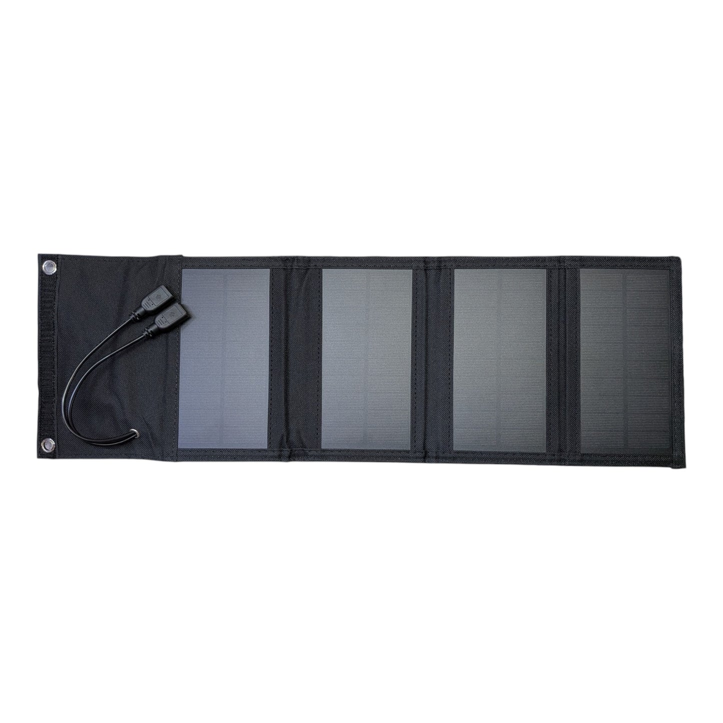 Unfolded 10W monocrystalline solar charger displaying four high-efficiency PET laminated panels and dual USB output cables.