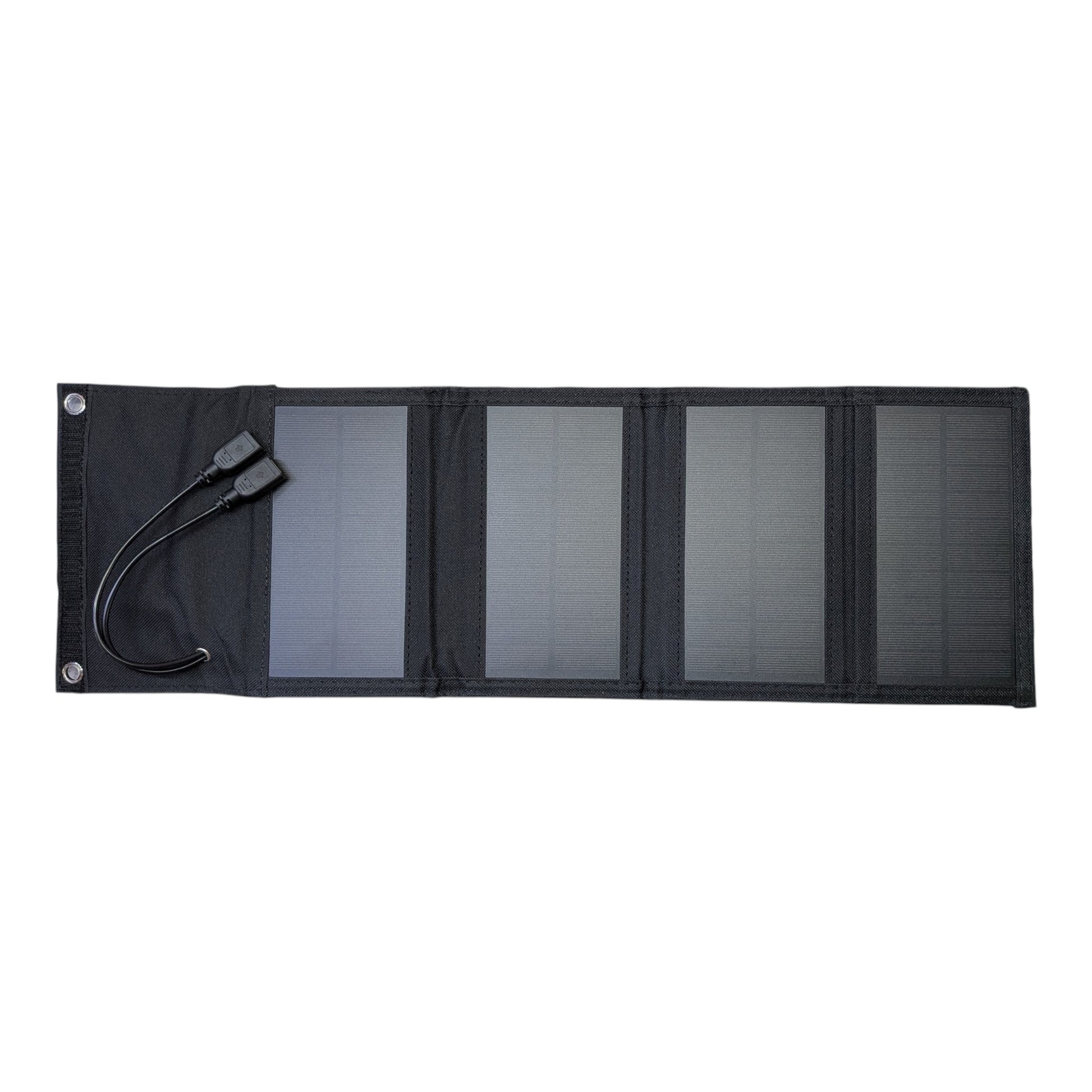 Unfolded 10W monocrystalline solar charger displaying four high-efficiency PET laminated panels and dual USB output cables.