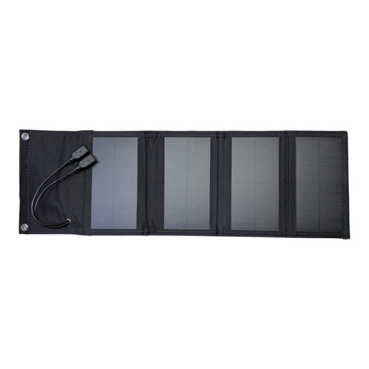 Unfolded 10W monocrystalline solar charger displaying four high-efficiency PET laminated panels and dual USB output cables.
