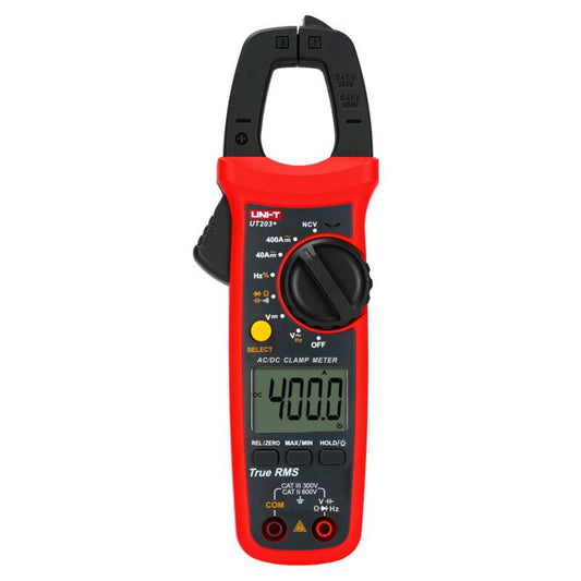 Front view of the UNI-T UT203+ digital clamp meter, showing the LCD screen, selection dial, and function buttons.