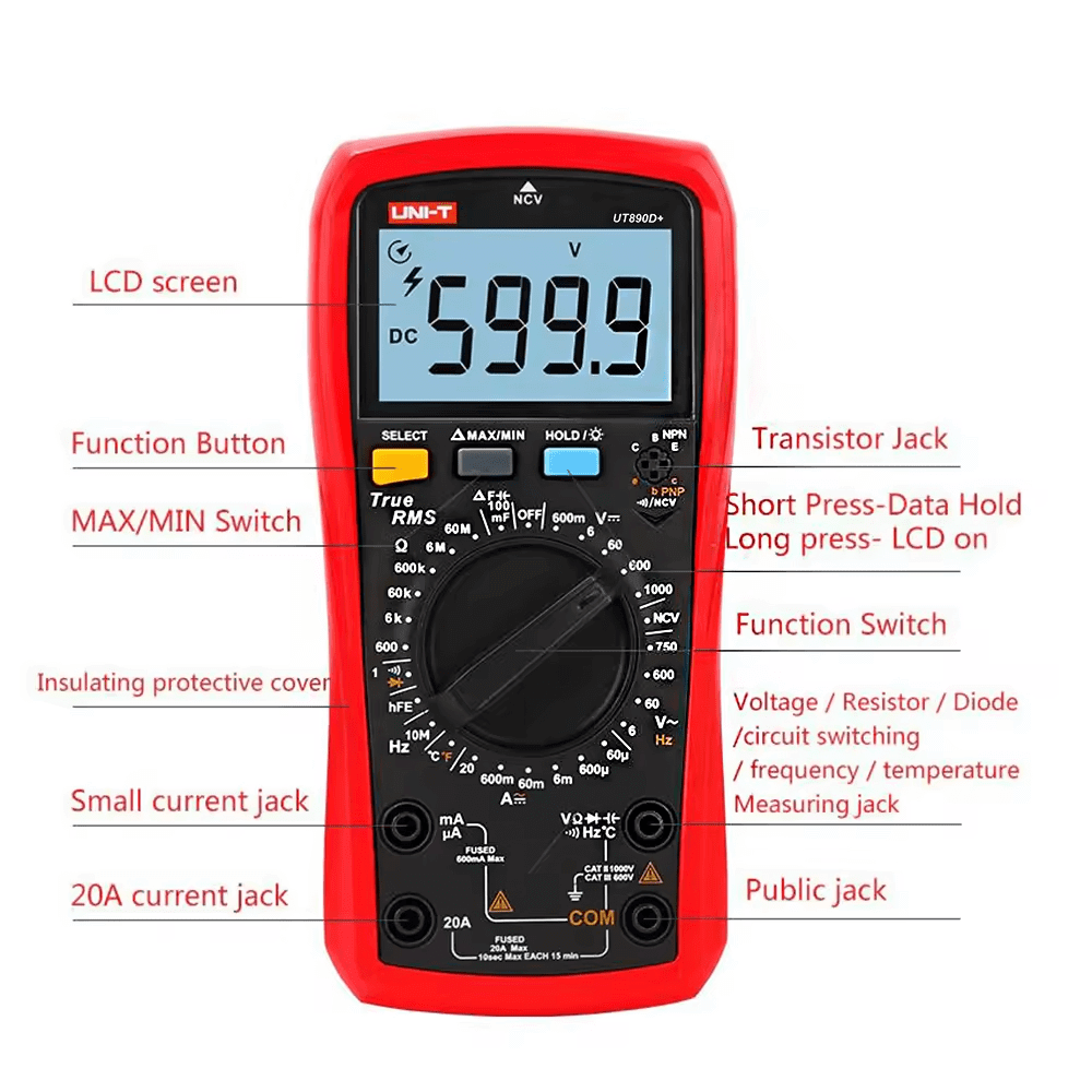 UNI-T UT890D+ digital multimeter with labeled features and function switches for detailed identification.
