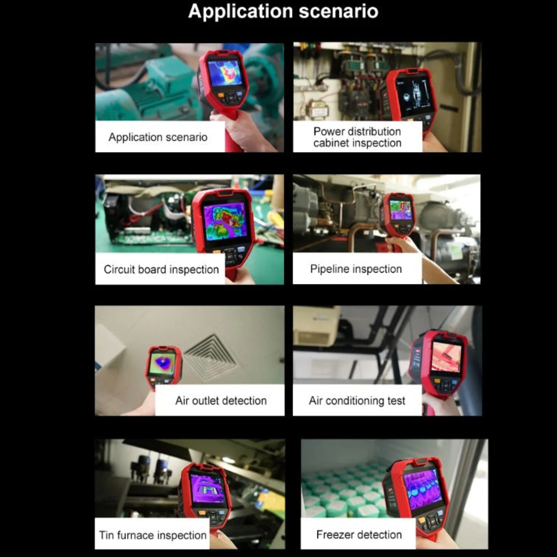 Application scenarios for the UNI-T UTI320E, including circuit board inspection, power distribution cabinets, pipelines, and freezers.