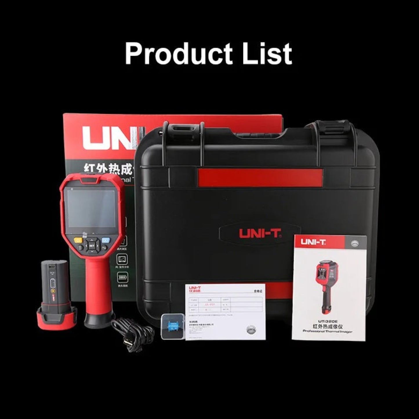 The complete product list for the UNI-T UTI320E, including the thermal imager, battery, hard case, manual, and accessories.
