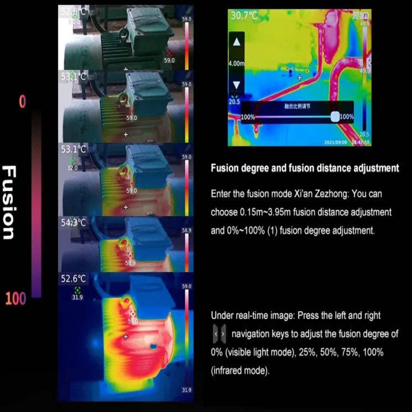 Demonstration of the fusion degree and distance adjustment feature on the UNI-T UTI320E thermal imager.