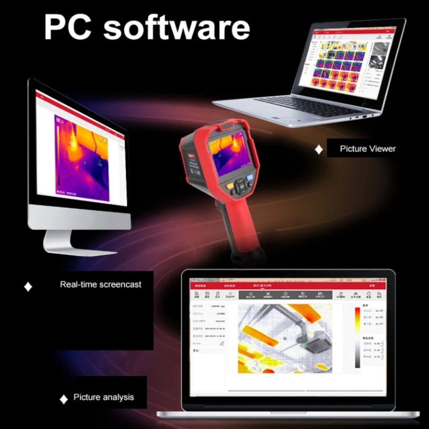 The UNI-T UTI320E connected to PC software on a laptop and desktop for real-time screencasting and picture analysis.