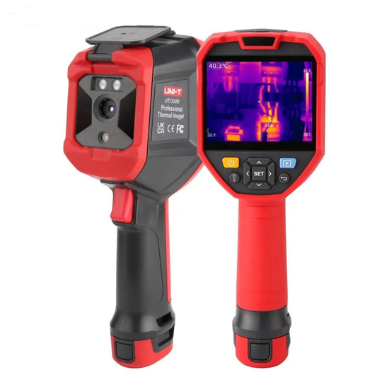 Front and side view of the UNI-T UTI320E professional thermal imager, showing its 3.5-inch screen and lens assembly.
