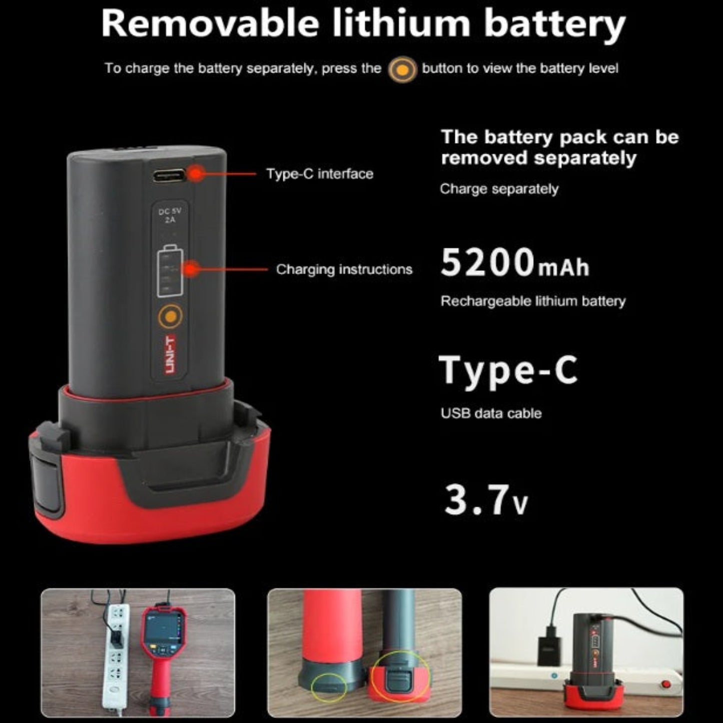 A close-up of the UNI-T UTI320E's removable 5200mAh lithium battery pack, highlighting the Type-C charging interface.