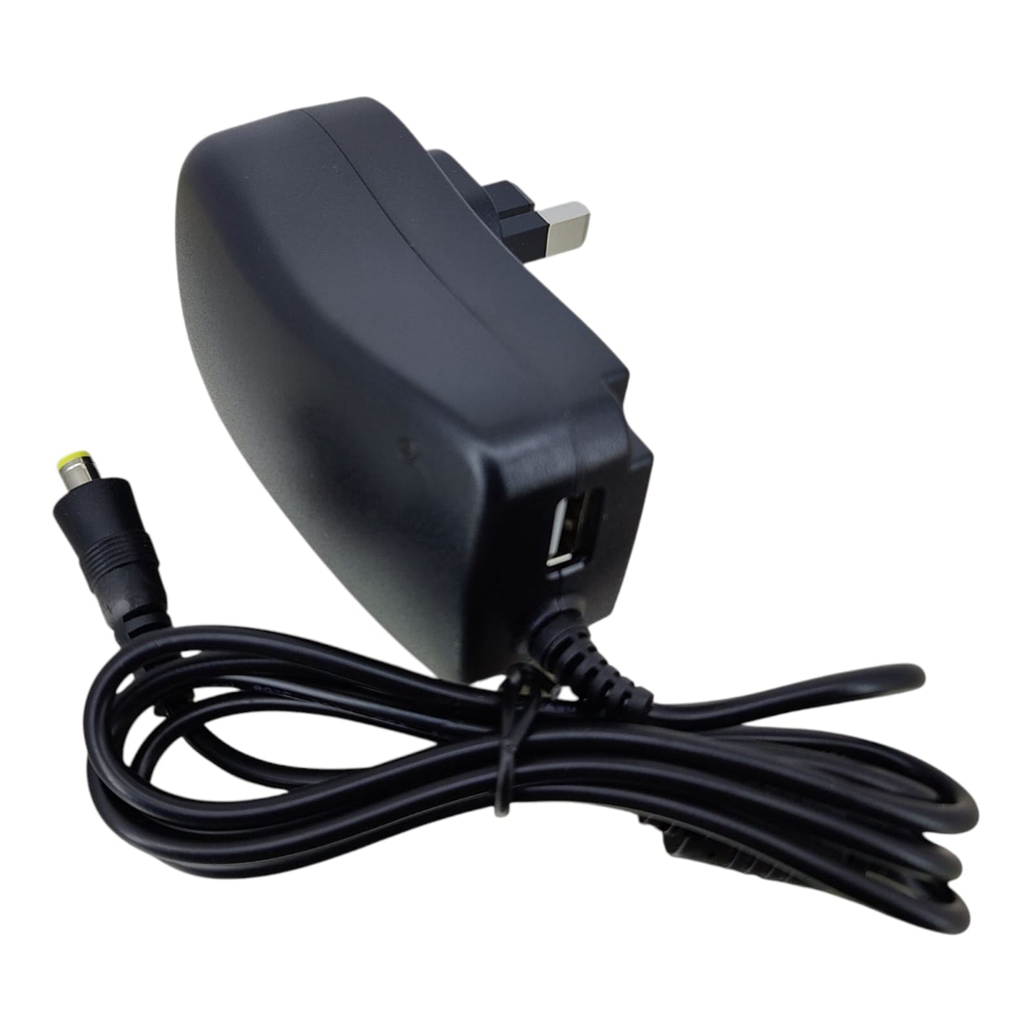 Side view of the universal power adapter highlighting the 5V 2.1A USB charging port.