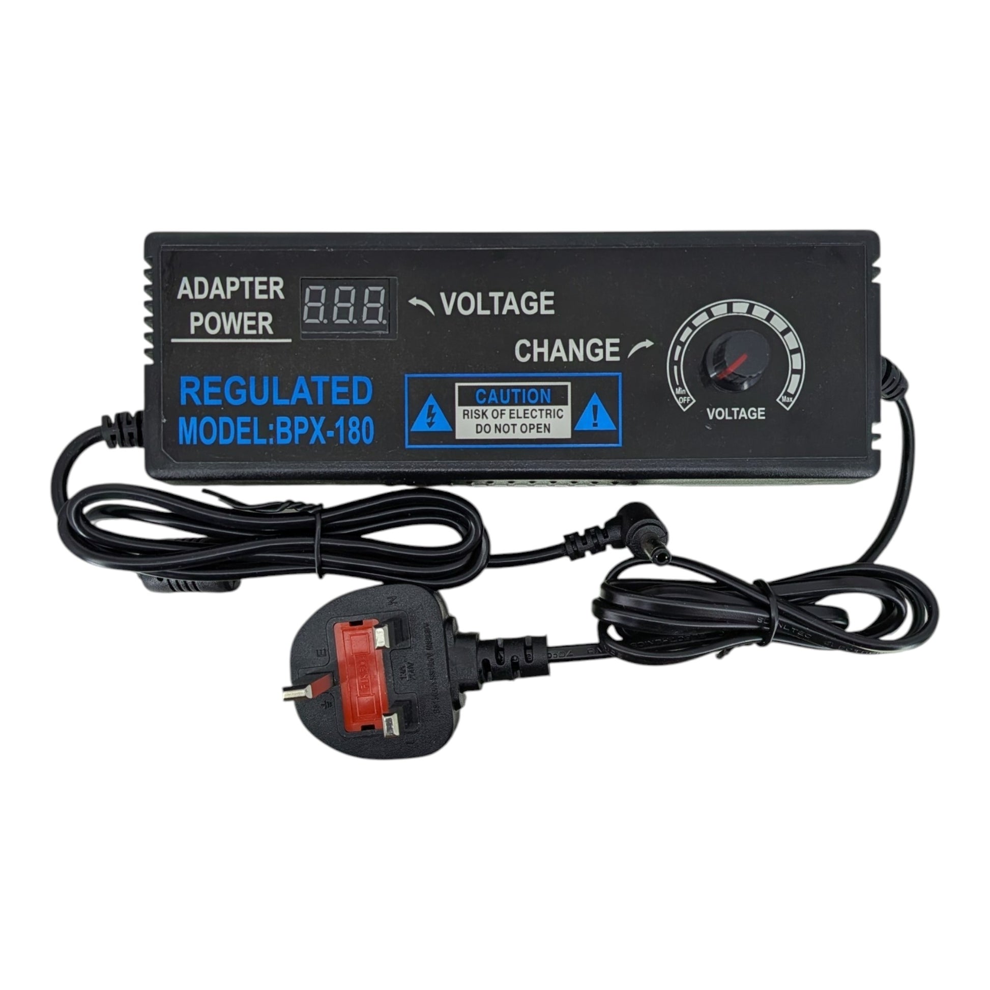 連接 3-24V 可調電壓火牛的英規三腳電源插頭，內置保險絲確保安全。
