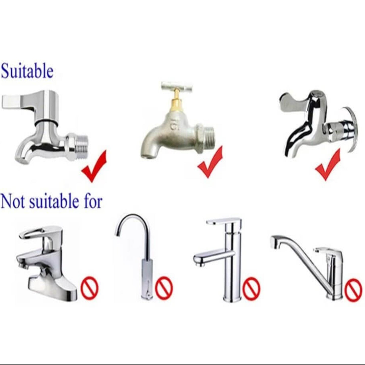 Illustration showing suitable and unsuitable faucets for a universal faucet adapter connection.