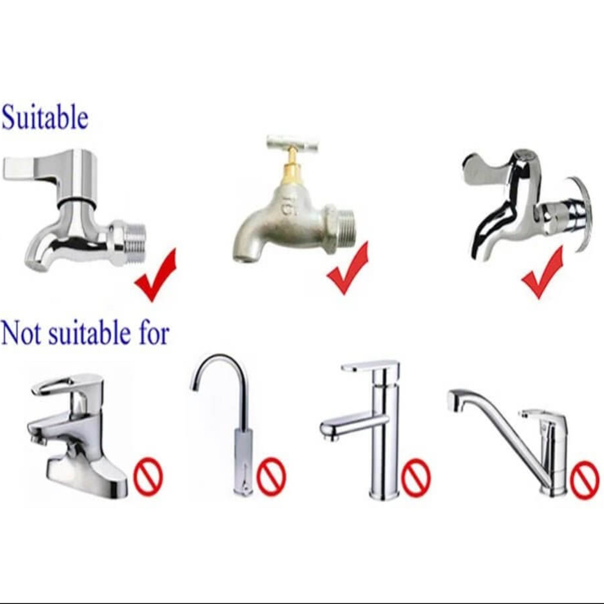 Illustration showing suitable and unsuitable faucets for a universal faucet adapter connection.
