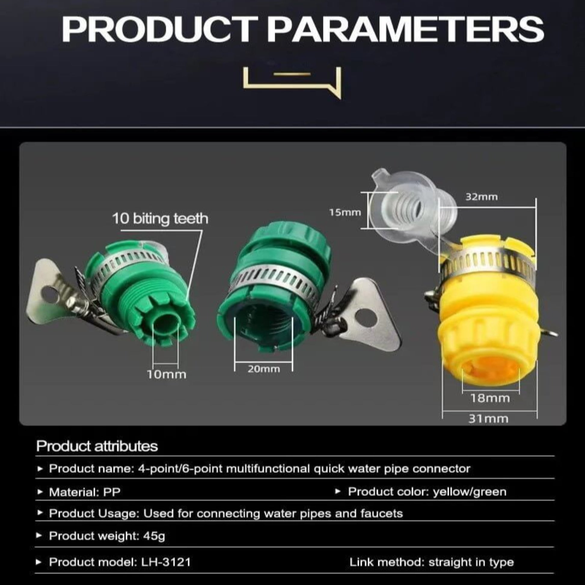 Universal faucet adapter specifications with product attributes and dimensions for garden water connection.