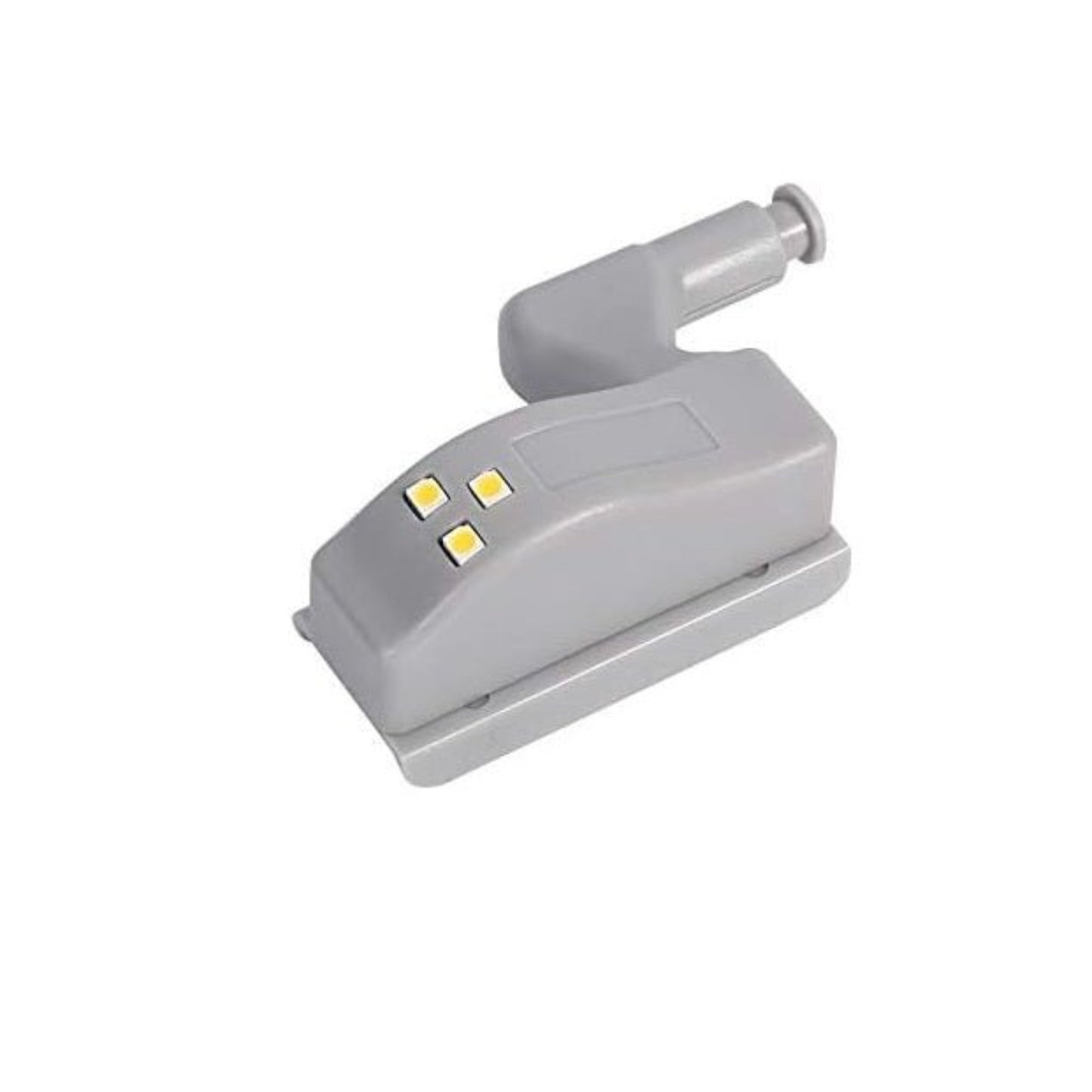 Cabinet hinge LED light in grey color, featuring white light for easy visibility in home cabinets and closets.