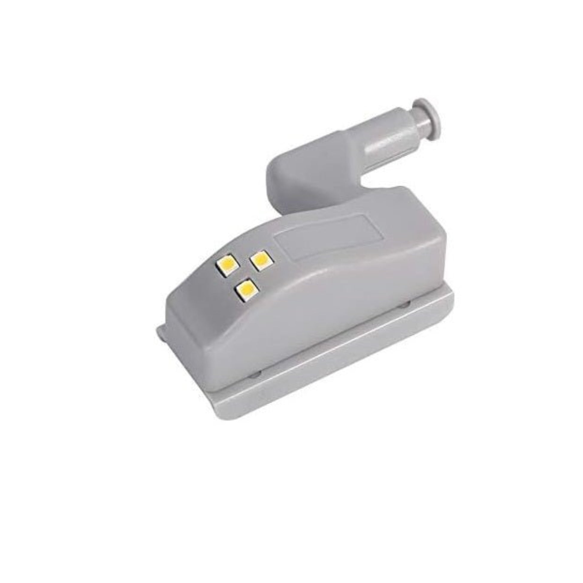 Cabinet hinge LED light in grey color, featuring white light for easy visibility in home cabinets and closets.