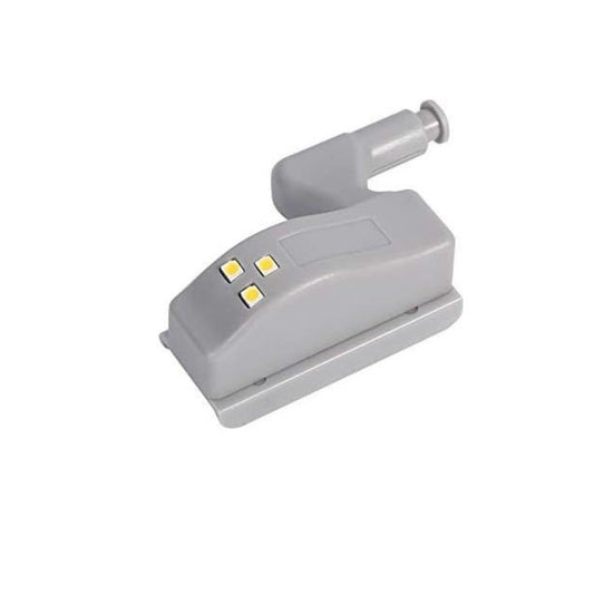 Cabinet hinge LED light in grey color, featuring white light for easy visibility in home cabinets and closets.