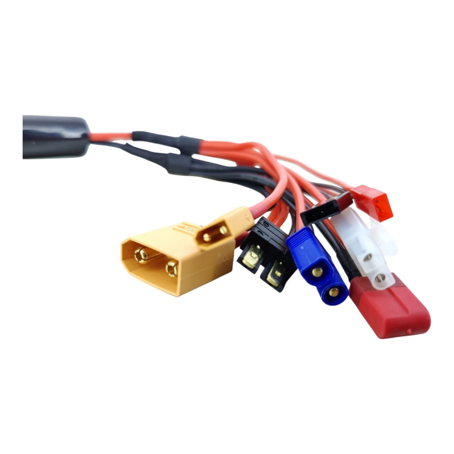 A close-up view of the 8 output connectors on the B6 multi-charge adapter cable.