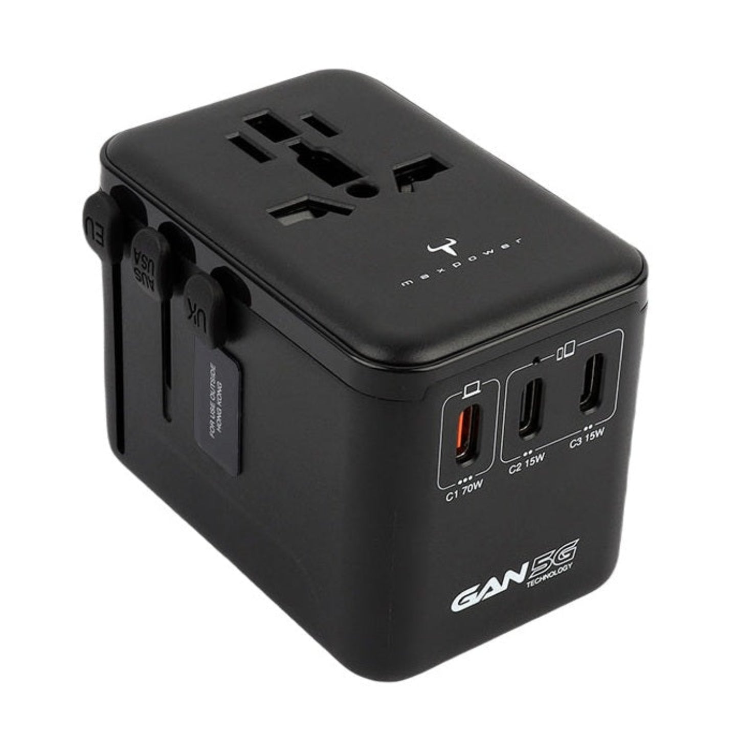 Slide-out plugs for US, UK, EU, and AU sockets