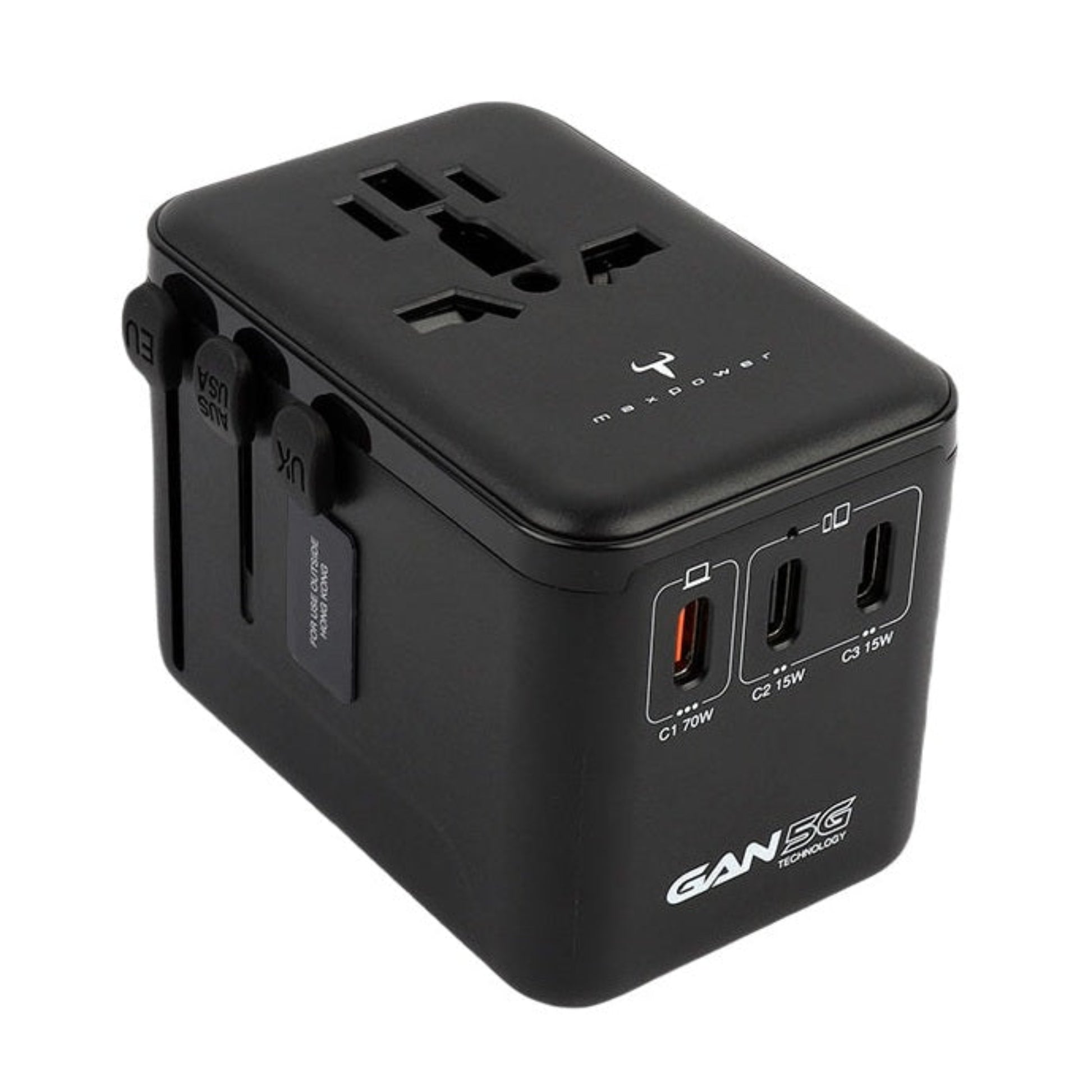 Slide-out plugs for US, UK, EU, and AU sockets