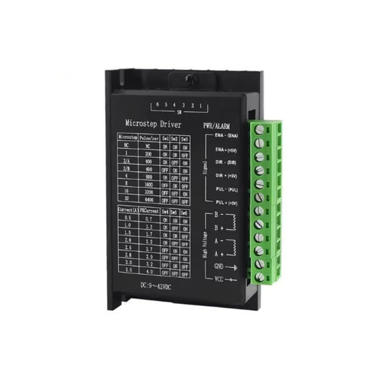 Angled view of the TB6600 stepper motor driver showing the wiring diagram and specifications chart printed on the casing.