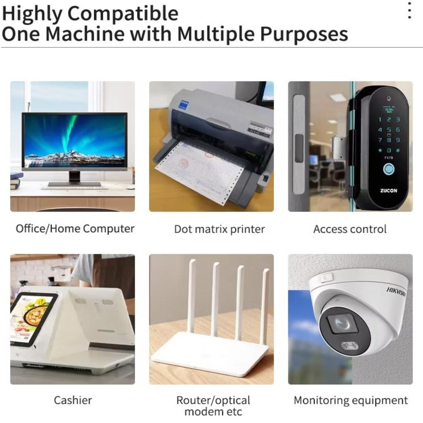 Devices compatible with UPS: computers, printers, routers, and CCTV cameras.