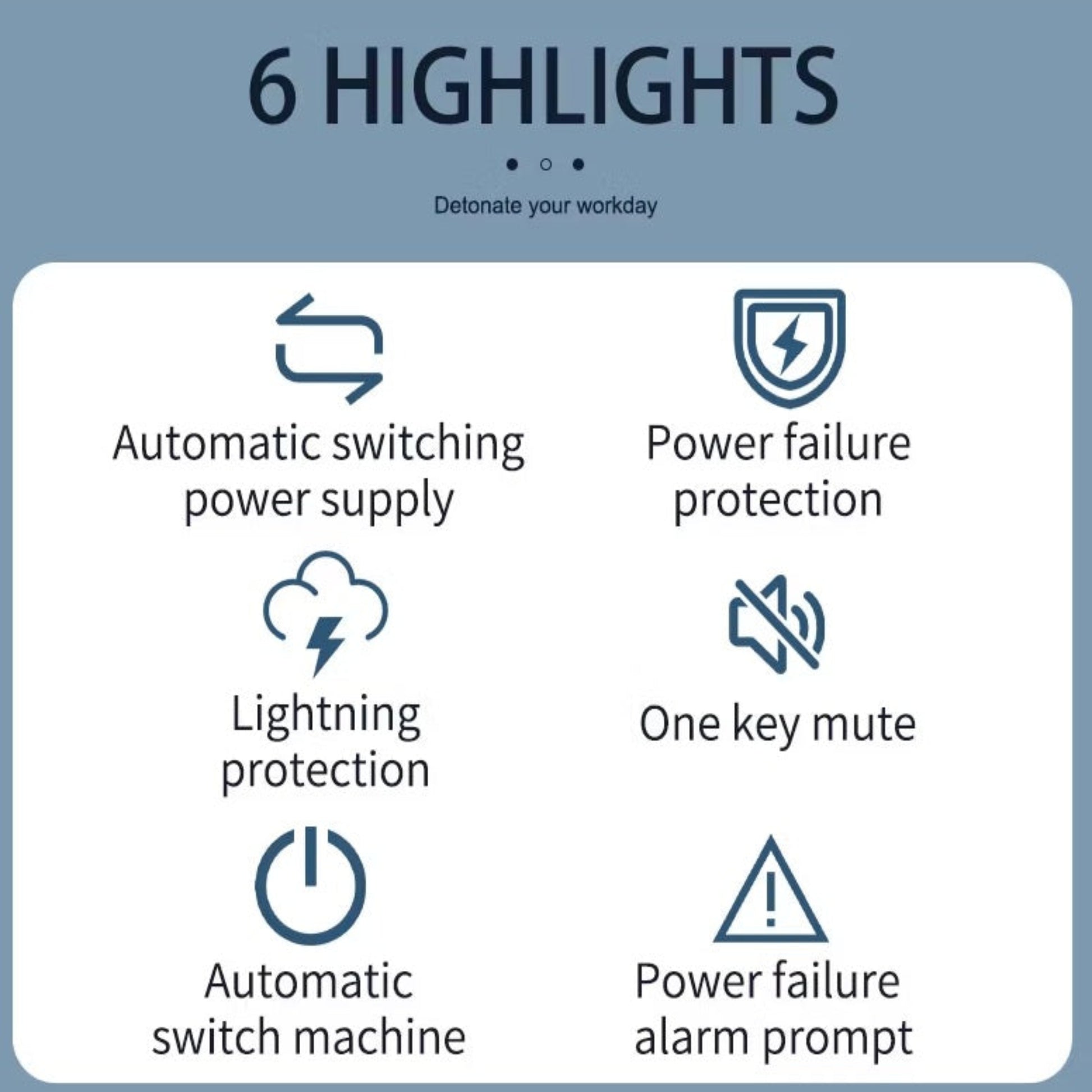 6 highlights of ShanPu UPS including lightning protection and mute function.