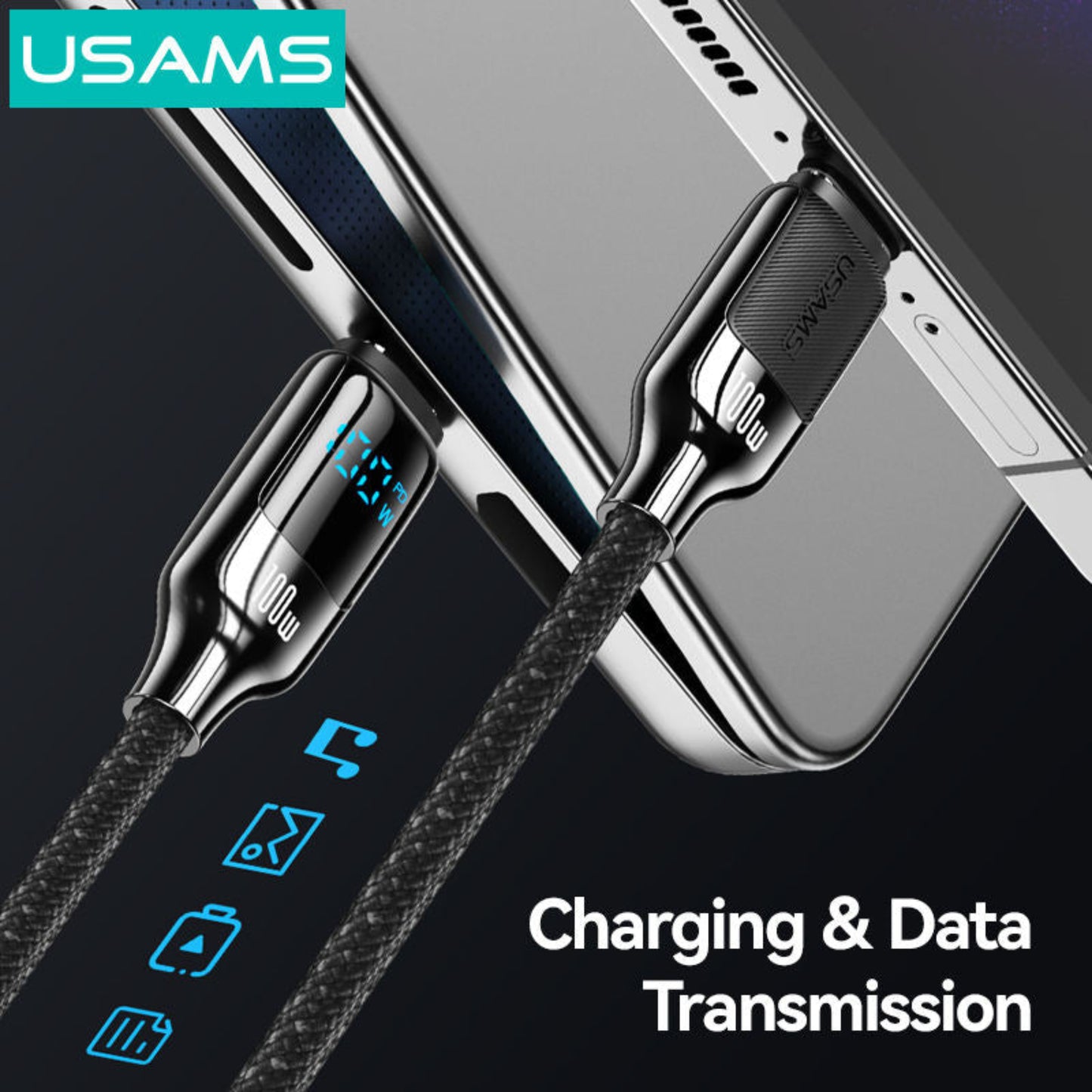 USAMS 100W Type-C 線連接手提電話進行快速充電，同時支援穩定高速數據傳輸功能。